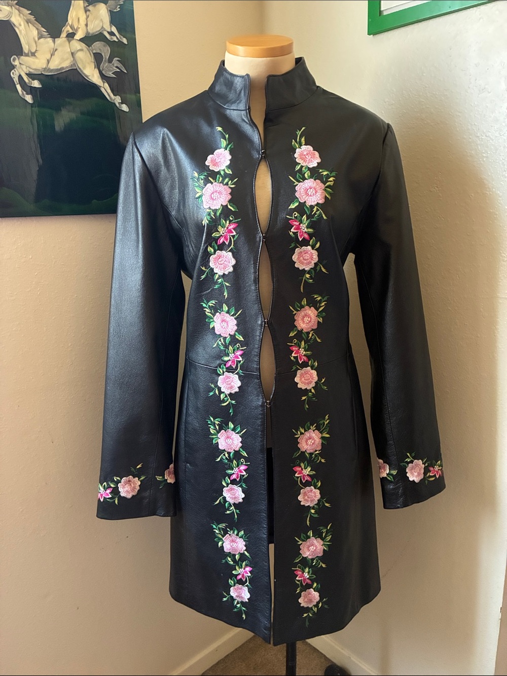 Clifford Willis Womens Leather Midi Coat Floral Embroidery Pockets Sz Mediu